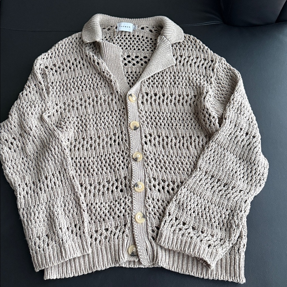 Topman Open Knit Men’s Cardigan Size M Preppy Grandpa Cottage Oversize Neutral